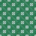 Vector seamless geometric pattern with white knitted snowflakes on green background.